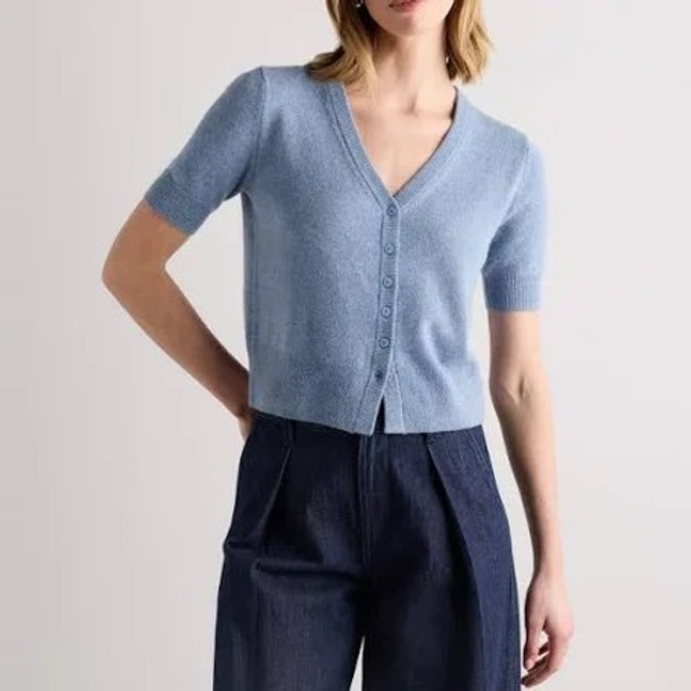 Quince 100% Mongolian Cashmere Short Sleeve V-Neck Cardigan Light Blue Large